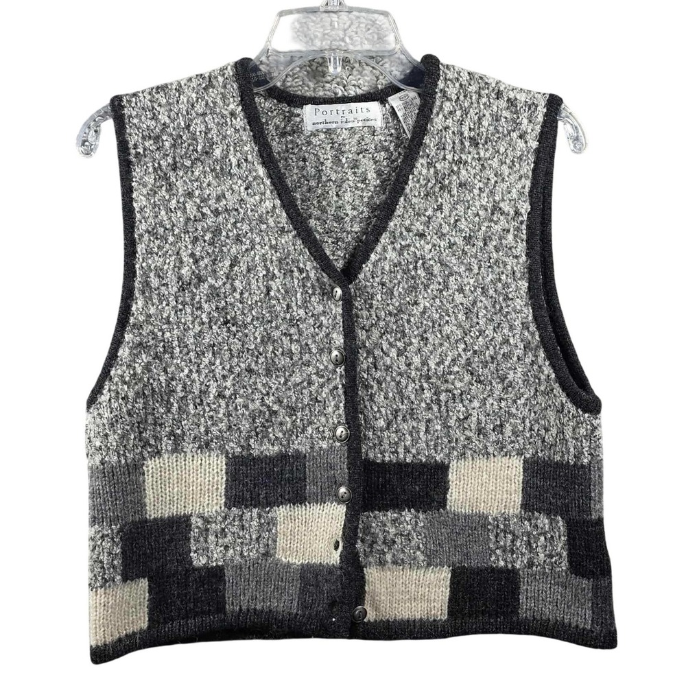Portraits‎ by Northern Isles Petite Sweater Vest Grey Wool Blend Checkered Large